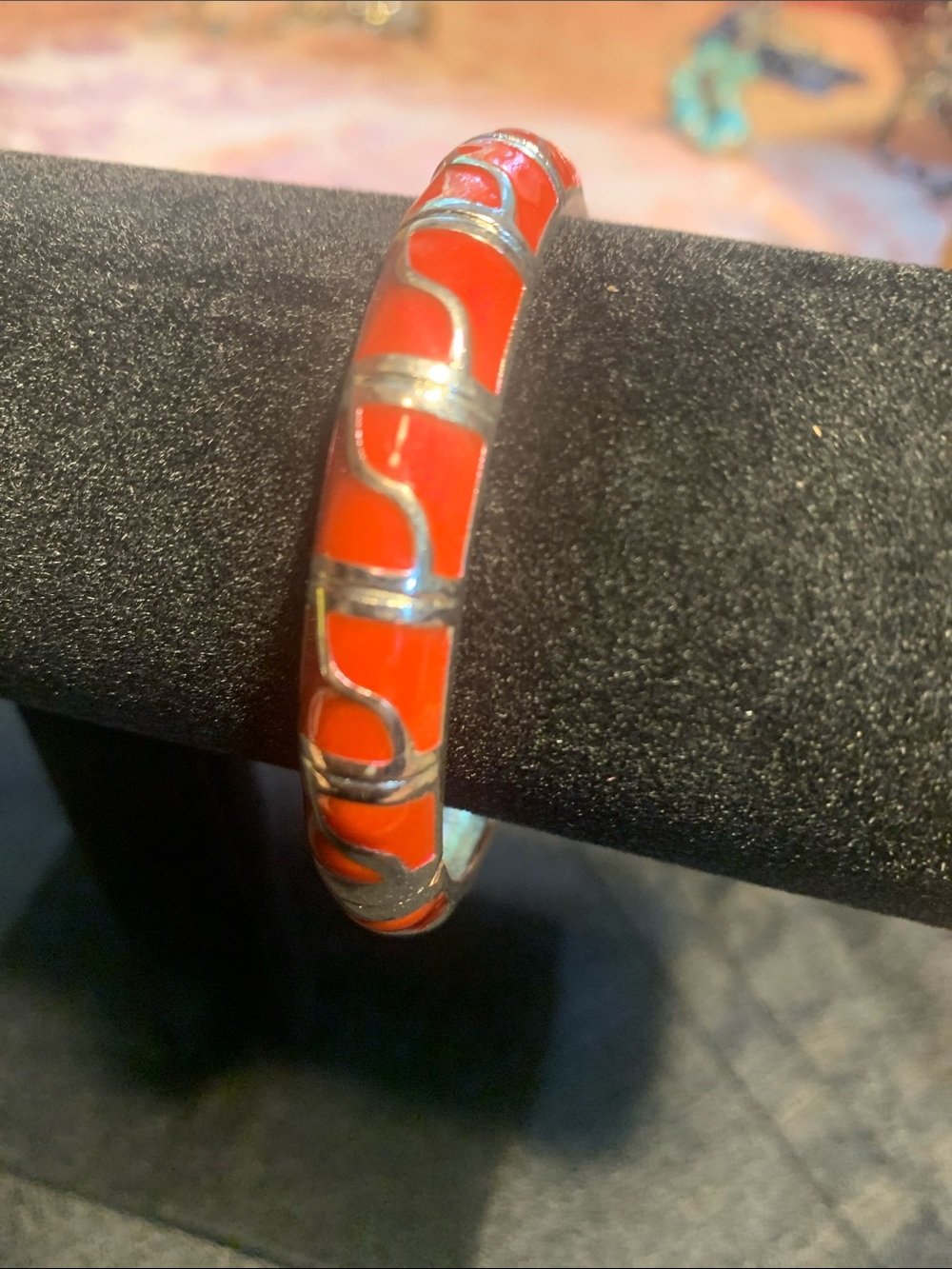 Vintage Jui Long Ching Red Enamel Silver-Tone Bangle Bracelet - Women Jewelry